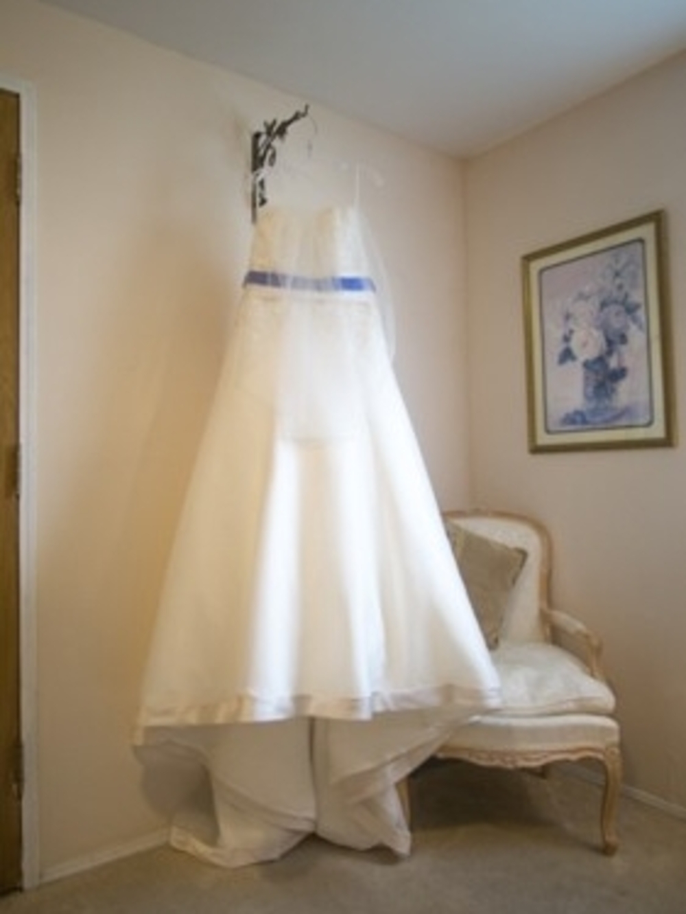Ivory A-Line Wedding Dress with Blue Sash W/ Custom Lace-up Back.
